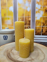 Load image into Gallery viewer, Embossed Beeswax Pillar Candles (3, 5, or 7&quot;)