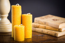 Load image into Gallery viewer, Embossed Beeswax Pillar Candles (3, 5, or 7&quot;)